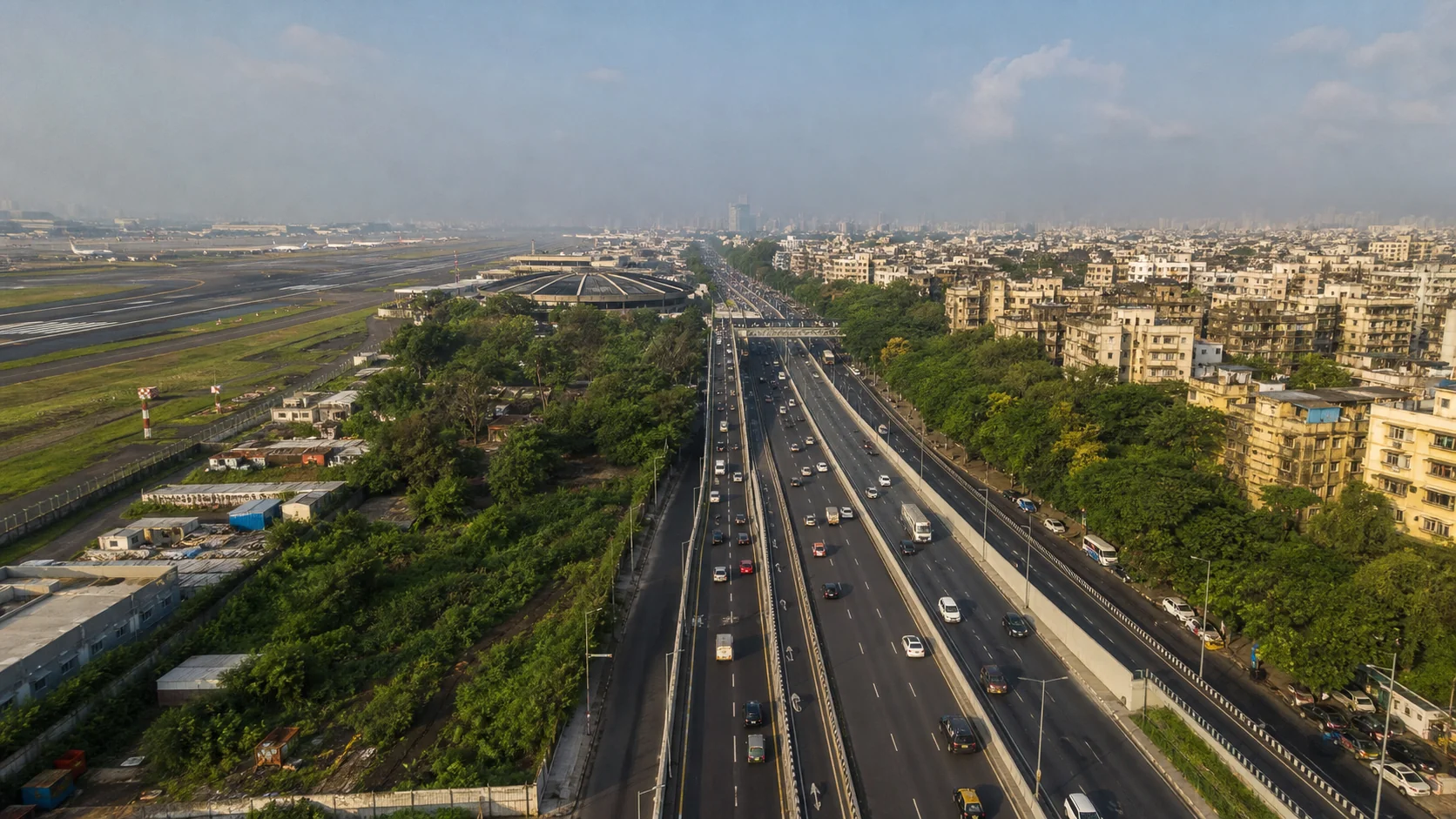 Aerial view of the MMRDA Sahar Elevated Road corridor beside Mumbai airport