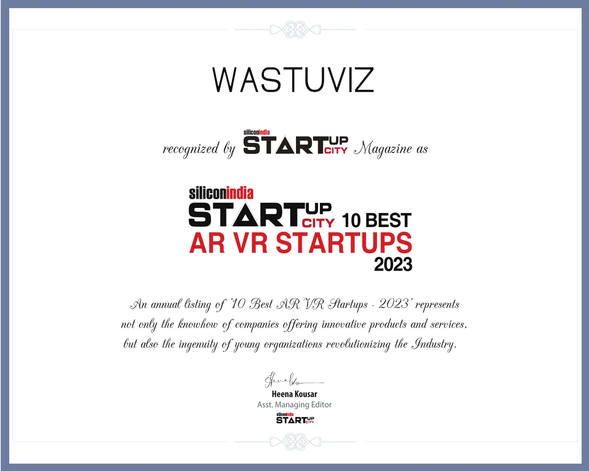 SiliconIndia StartupCity certificate naming WastuViz among the 10 Best AR VR Startups 2023